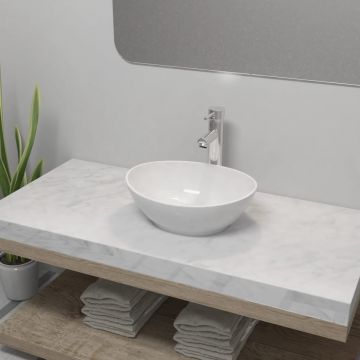 Chiuvetă de baie cu robinet mixer ceramică oval alb