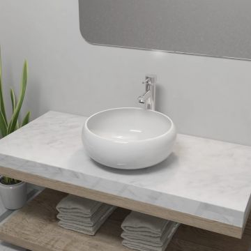Chiuvetă de baie cu robinet mixer ceramică rotund alb