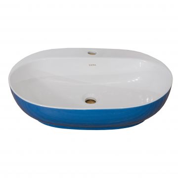 Lavoar oval Sanitop Apolo, montaj blat, ceramica, alb/albastru, 42.5 x 42.5 x 14.5 cm