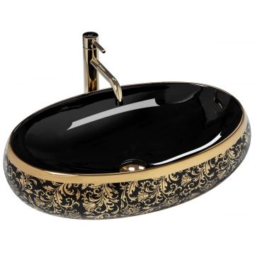 Lavoar pe blat, ceramic, Rea Meryl, 60x40.5 cm, negru/auriu