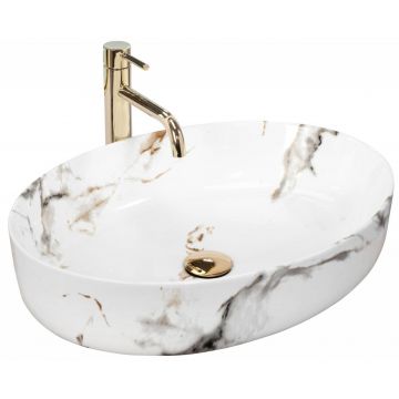 Lavoar pe blat Rea Queen Carrara oval finisaj alb marmura lucios 55 cm