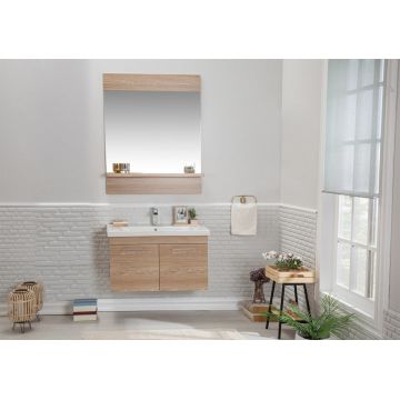 Set mobilier de baie cu oglindă si lavoar, imitație lemn