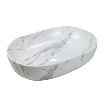 Lavoar pe blat Invena Korfu oval 60 cm alb finisaj marmura