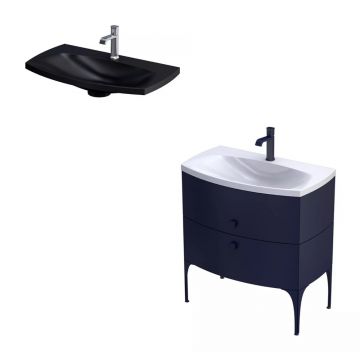 Set dulap baza suspendat Oristo Louis bleumarin 2 sertare cu lavoar negru mat 82 cm
