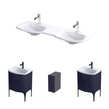 Set dulap baza suspendat Oristo Louis bleumarin 4 sertare cu lavoar alb mat 144 cm