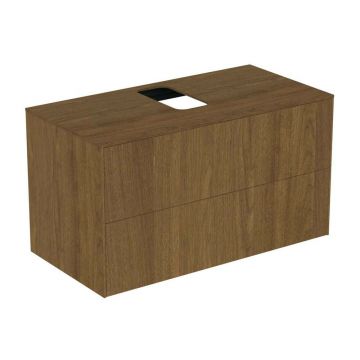 Dulap baza suspendat Ideal Standard Atelier Conca finisaj nuc inchis 2 sertare si blat cu decupaj central 100 cm