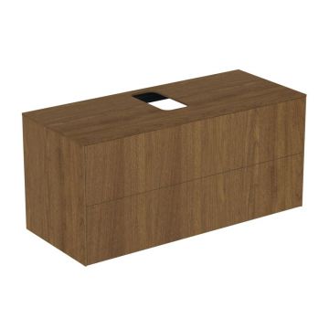 Dulap baza suspendat Ideal Standard Atelier Conca finisaj nuc inchis 2 sertare si blat cu decupaj central 120 cm