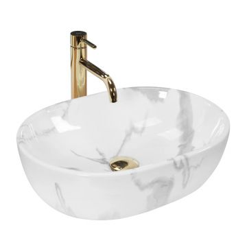 Lavoar pe blat Rea Amelia oval finisaj alb marmura lucios 48 cm