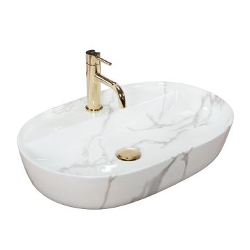 Lavoar pe blat Rea Aura oval finisaj alb marmura lucios 61 cm