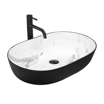 Lavoar pe blat Rea Cleo Aiax oval finisaj alb piatra - negru mat 60 cm