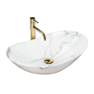 Lavoar pe blat Rea Royal oval finisaj marmura alb lucios 60 cm