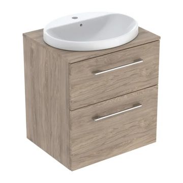Set dulap baza suspendat Geberit Selnova Square finisaj nuc american Hickory 2 sertare si lavoar 60 cm