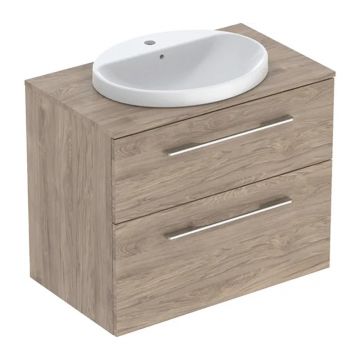 Set dulap baza suspendat Geberit Selnova Square finisaj nuc american Hickory 2 sertare si lavoar 80 cm