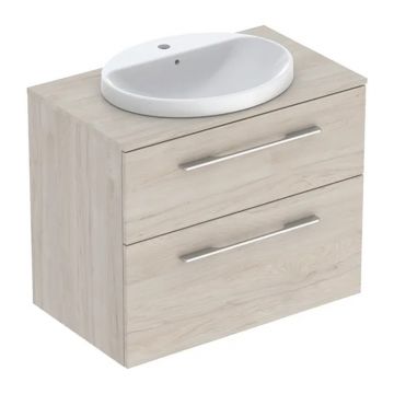 Set dulap baza suspendat Geberit Selnova Square finisaj nuc american Hickory deschis 2 sertare si lavoar 80 cm