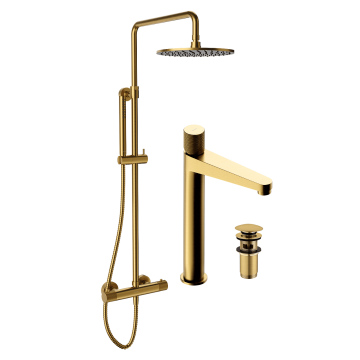 Set Coloana de dus Termostatata cu Baterie inalta lavoar si ventil Omnires Contour Auriu Mat