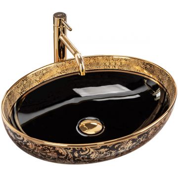 Lavoar ceramic pe blat Rea Margot, 52x40 cm, negru/auriu