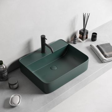 Lavoar Foglia dreptunghiular pe blat verde inchis mat, cu orificiu baterie si ventil inclus, 50x40 cm