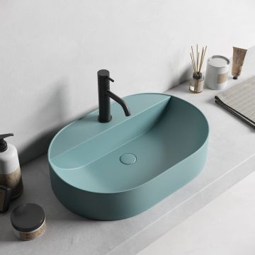 Lavoar Foglia oval pe blat verde mat, orificiu baterie, ventil inclus, 50x38 cm