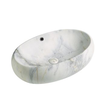 Lavoar de baie Granada, pe blat, oval, din ceramica sanitara, 60 cm, imitatie maramura Blue Vein, Elysium