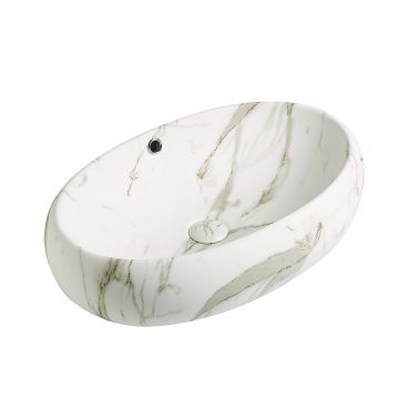 Lavoar de baie Granada, pe blat, oval, din ceramica sanitara, 60 cm, imitatie maramura Calacatta Oro, Elysium