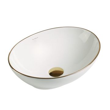 Lavoar de baie Inari, pe blat, oval, din ceramica sanitara, 41 cm, imitatie marmura Blue vein, Elysium