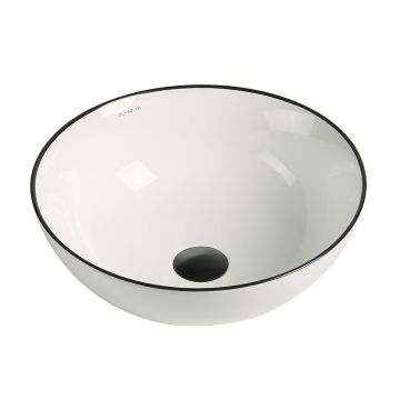 Lavoar de baie Loire, pe blat, rotund, din ceramica sanitara, 41.5 cm, alb lucios cu margini negre, Elysium