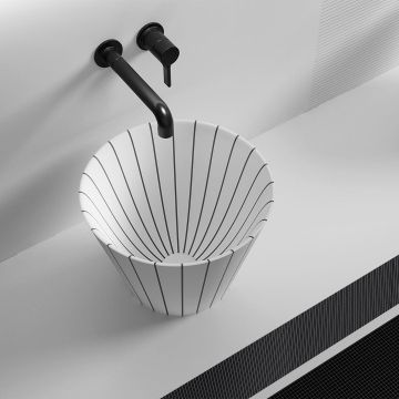 Lavoar de baie, pe blat, 36 cm, rotund, din compozit, alb mat cu linii negre, MonBlari