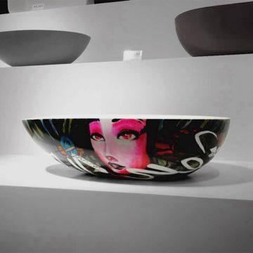 Lavoar de baie, pe blat, 60 cm, oval, din compozit, alb lucios cu model, MonBlari