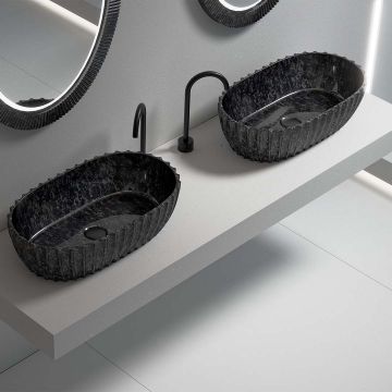 Lavoar de baie pe blat, 60x35 cm, oval cu riflaje, din fibra de carbon, negru, finisaj mat, MonBlari
