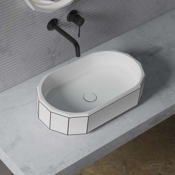 Lavoar de baie, pe blat, 60x35 cm, oval, din compozit, alb mat cu linii negre, MonBlari Beryl