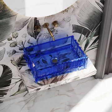 Lavoar de baie pe blat, dreptunghiular, 56x36x12 cm, din rasina, albastru transparent, finisaj mat, MonBlari