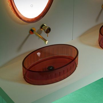 Lavoar de baie pe blat, oval, din rasina, 56 cm, caramiziu transparent, finisaj mat, MonBlari