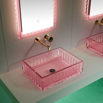 Lavoar de baie pe blat, patrat, din rasina, 40 cm, roz transparent, finisaj mat, MonBlari