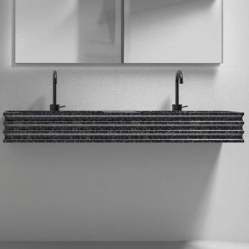 Lavoar de baie, pe perete, 100x45 cm, 2 cuve, dreptunghiular, din fibra de carbon Mozaic, negru, MonBlari