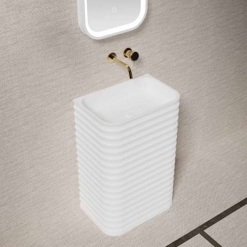 Lavoar freestanding, dreptunghiular, cu colturi rotunjite, din compozit, alb, 58x38 cm, cu riflaje, MonBlari