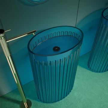 Lavoar freestanding, oval, din rasina, albastru transparent, 55 cm, finisaj mat, MonBlari