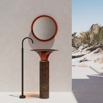 Lavoar freestanding, rotund, caramiziu transparent, cu corp maro, din rasina, 55 cm, finisaj mat, MonBlari