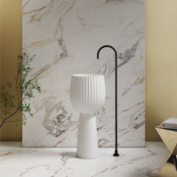 Lavoar de baie, freestanding, 40 cm, rotund, din compozit, alb mat, cu riflaje, MonBlari