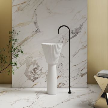 Lavoar de baie, freestanding, 40 cm, rotund, din compozit, alb mat, riflaje in partea superioara,, MonBlari