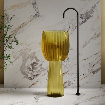 Lavoar de baie, freestanding, 40 cm, rotund, din rasina, galben transparent cu riflaje, MonBlari
