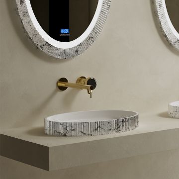 Lavoar de baie pe blat, 55x32 cm, oval, din compozit, alb/gri, finisaj riflat, MonBlari