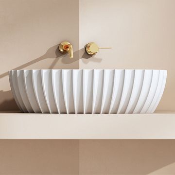 Lavoar de baie, pe blat, 600x300x160 mm, oval, cu riflaje, din compozit, alb mat, MonBlari