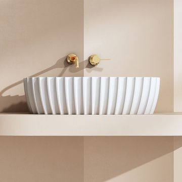 Lavoar de baie, pe blat, 600x350x160 mm, oval, cu riflaje, din compozit, alb lucios, MonBlari