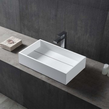 Lavoar de baie, pe blat, 600x400x150 mm, dreptunghiular, cu drenaj ascuns, din compozit, alb mat, MonBlari