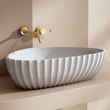 Lavoar de baie, pe blat, 600x400x160 mm, cu riflaje, din compozit, alb mat, MonBlari