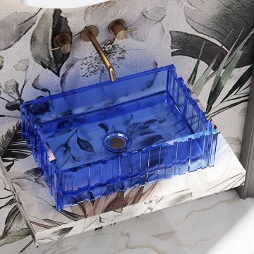 Lavoar de baie, pe blat, dreptunghiular, 560x360x160 mm, cu riflaje, din rasina, albastru transparent, MonBlari