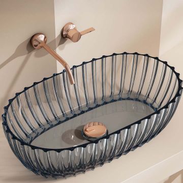 Lavoar de baie, pe blat, oval, 600x350x160 mm, cu riflaje, din rasina, albastru transparent, MonBlari