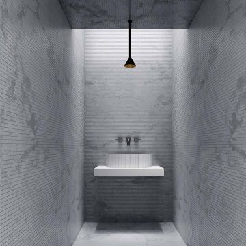 Lavoar de baie, pe blat, oval, cu riflaje sculpturale, din compozit, alb mat, MonBlari