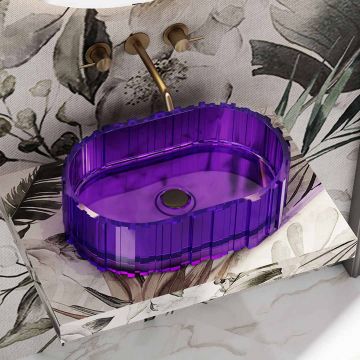 Lavoar de baie, pe blat, oval, cu riflaje sculpturale, din rasina, mov transparent, MonBlari