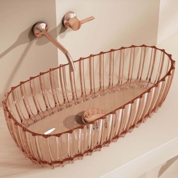 Lavoar de baie, pe blat, ovala, 600x300x160 mm, cu riflaje, din rasina, roz transparent, MonBlari
